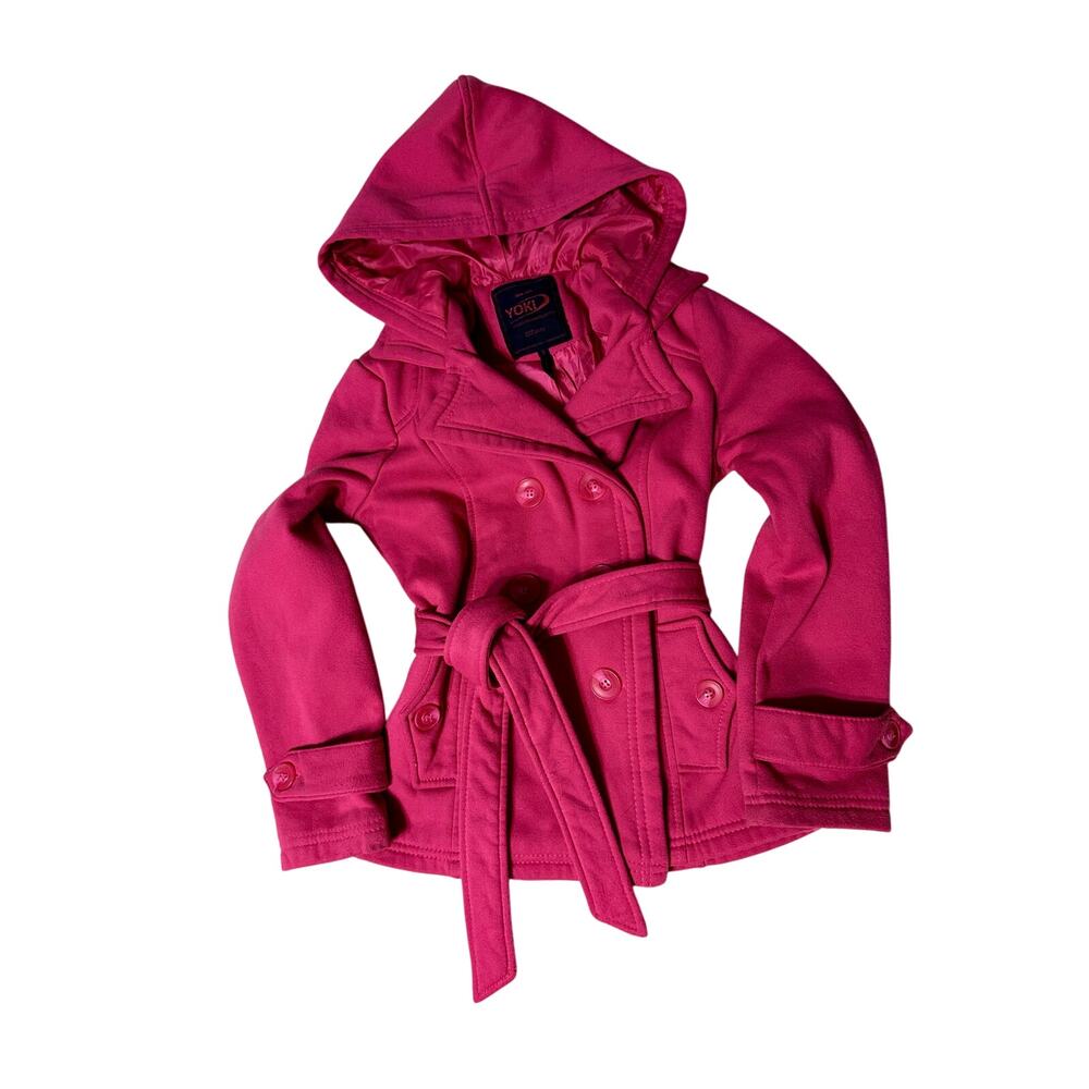 Yoki Girls Fuchsia Hooded Peacoat with Belt – Size Medium (Youth)